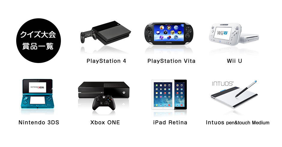 景品一覧:PlayStation 4，PlayStation Vita，Wii U，Nintendo 3DS，Xbox ONE，iPad Retina，Intuos pen&touch Medium